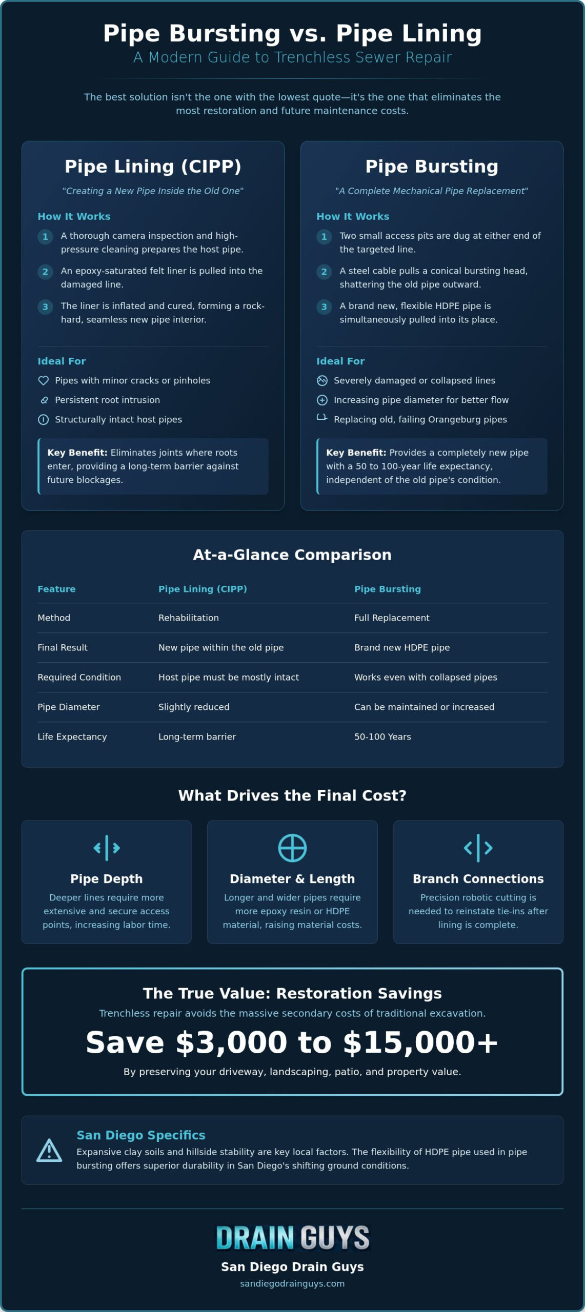 Pipe Bursting vs. Pipe Lining Cost: 2026 Trenchless Comparison Guide